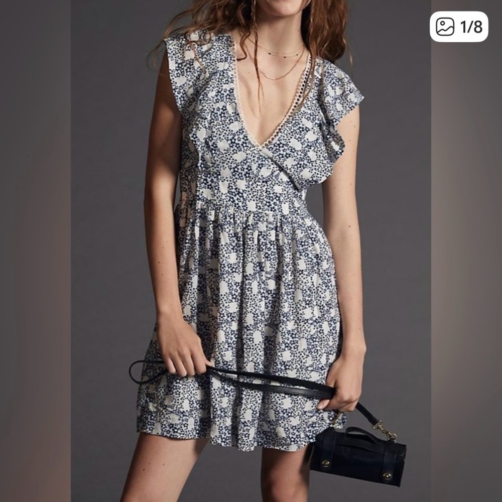 Anthropologie Women’s Blue Floral Print Ruffle Mini Dress, Size Small